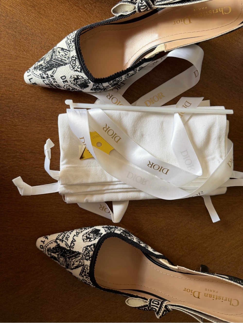 Dior Black & White Printed Pointed Slingback Pumps - Picture 14 of 16